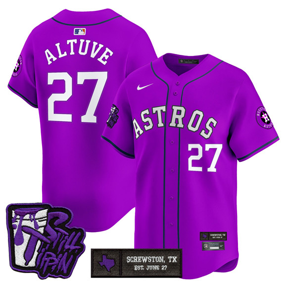 Men's Purple Houston Astros #27 Jose Altuve DJ Screw Still Tippin Patch Vapor Limited Stitched Baseball Jersey